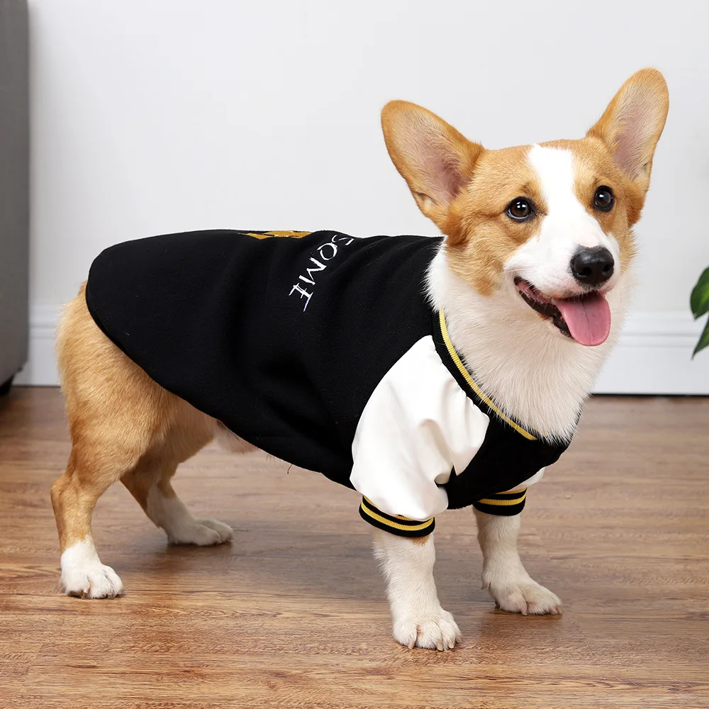 Small and Medium Dog Clothes Warm Pet Costume Corgi Red Black Baseball Sweater Hoodie Velvet Sports Dog Jersey Awesome Number 8