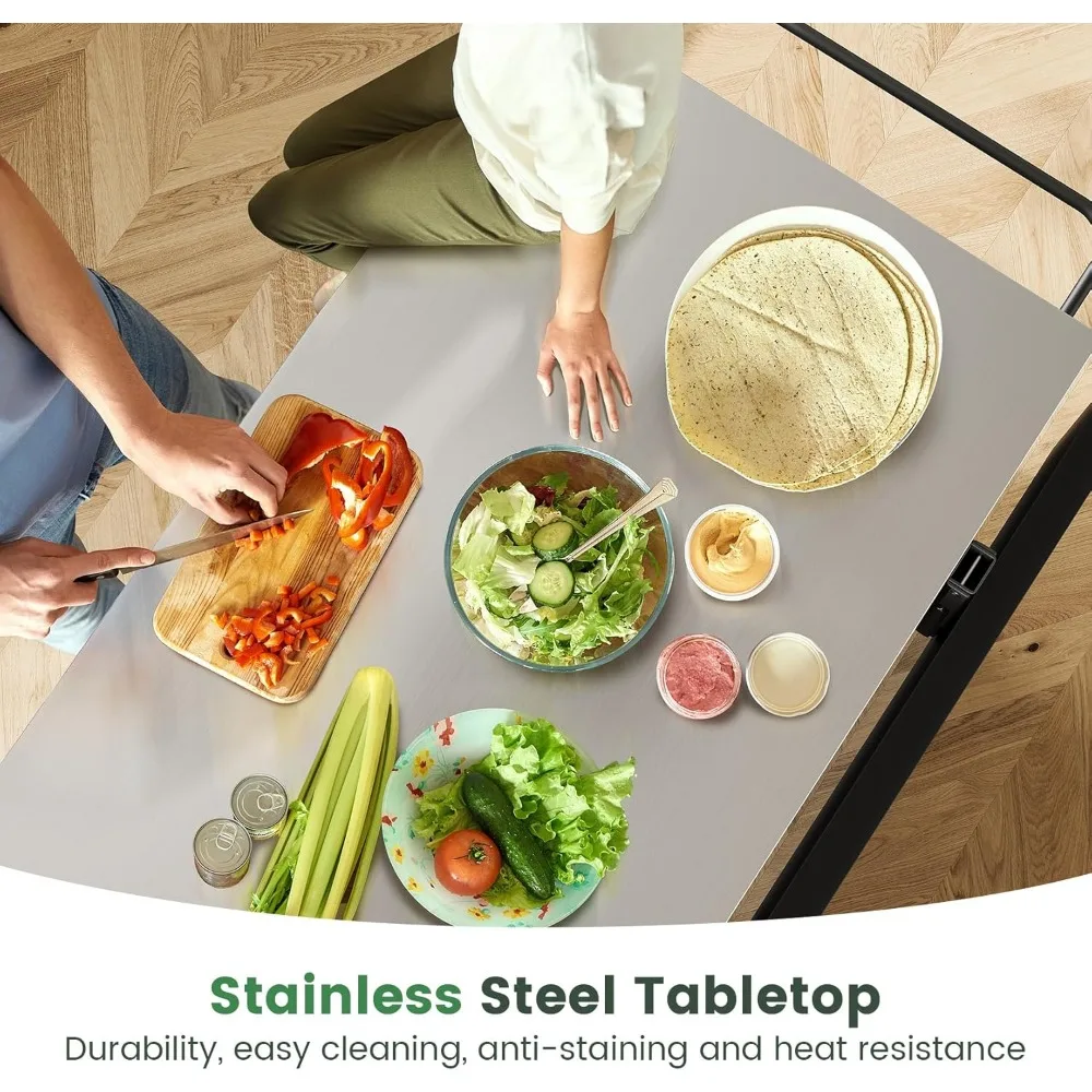 جزيرة مطبخ Concho مقاس 56 بوصة مع جلوس وسطح من الفولاذ المقاوم للصدأ، جزيرة مطبخ متنقلة مع أوراق قطرة قابلة للطي