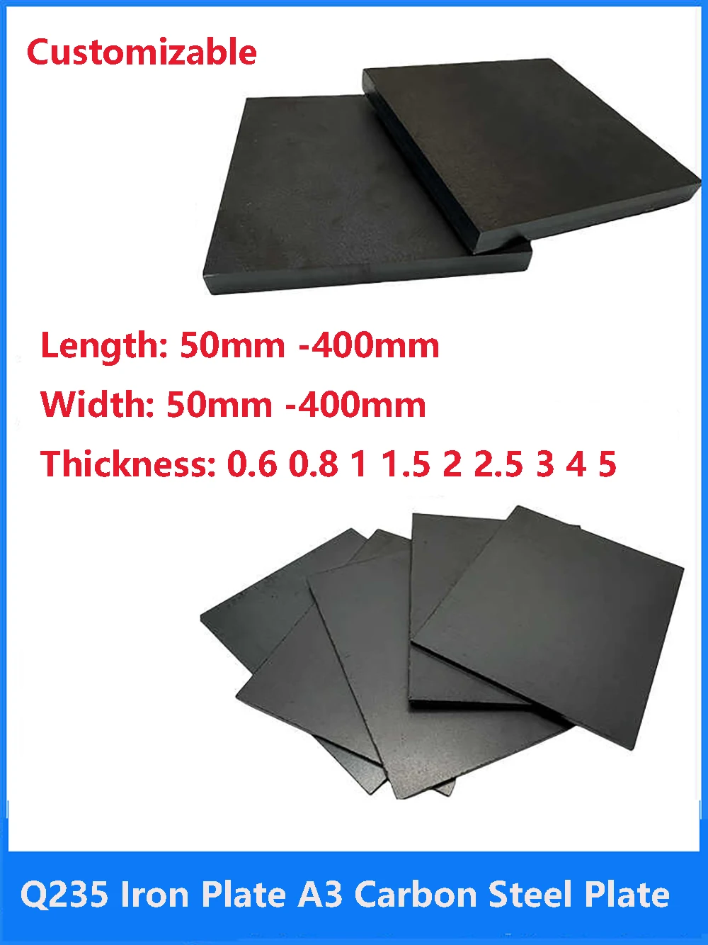 Q235 Iron Plate A3 Carbon Steel Plate Thin Plate Thickness 0.6/0.8/1/1.5/2/2.5/3/4/5mm Processing Material 50x50mm-400x400mm