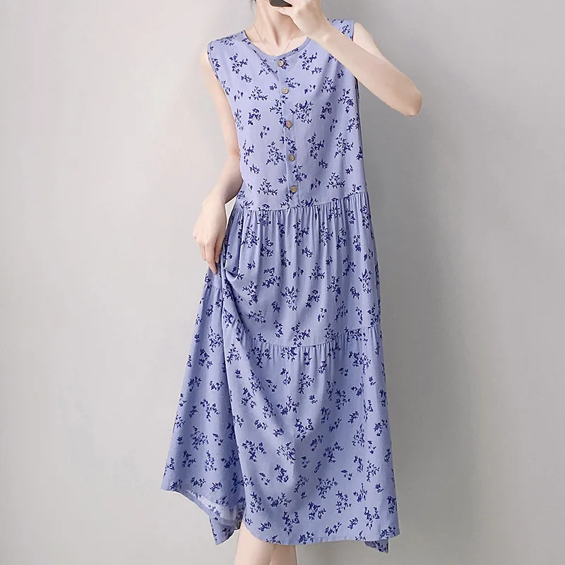 

Flower Print Nightdress Women Long Nightgown Summer New Sleepwear Sleeveless Loungewear Loose Nightwear Casual Home Clothes