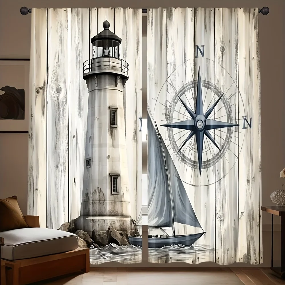 2PCS Digital Printed Curtains, Island Lighthouse Nautical Ocean Coastal, Window Curtains for Living Room Bedroom Home Decoration