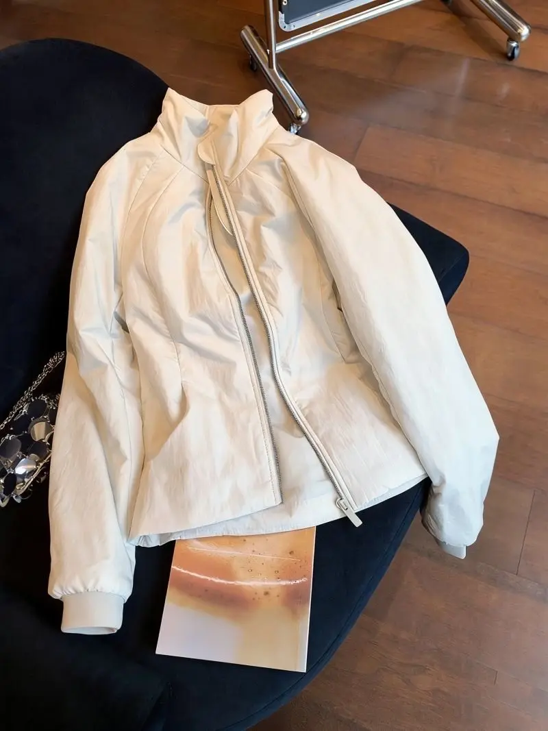 

Korean Sle Premium Simple Stand Collar Zipper Waist Cinching Cotton Jaet Women's Lightweight Warmth Outerwear Coat