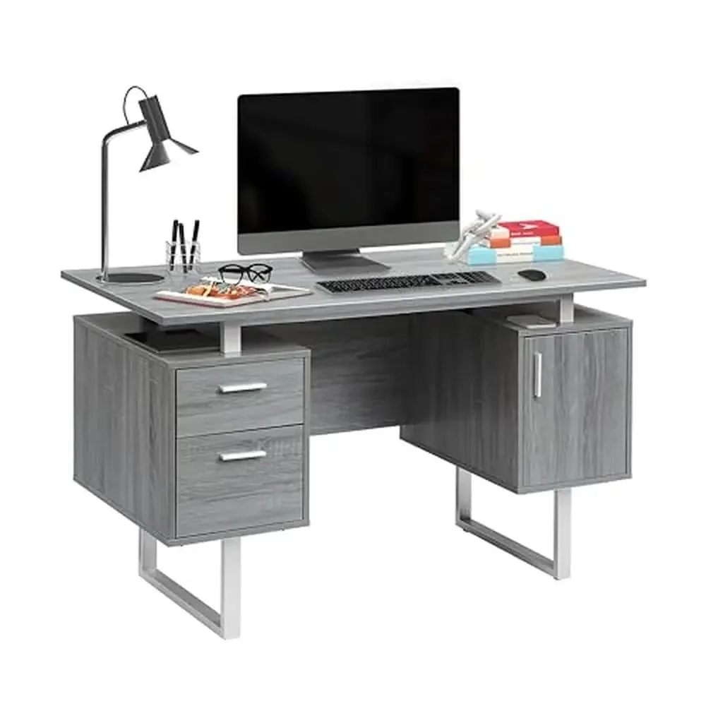 Mesa de escritório cinza moderna com armazenamento MDF e construção de metal 2 gavetas 1 armário fácil montagem alças prateadas 51,25" x 23,25"