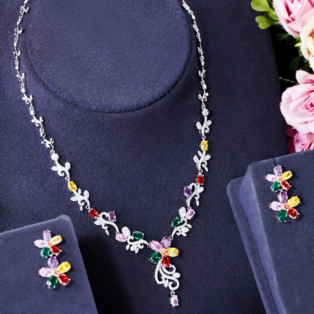 

Pera Decorative Colorful CZ Crystal Flower Leaf Pendant Necklace and Earrings for Women Romantic Party Wedding Jewelry Sets J232