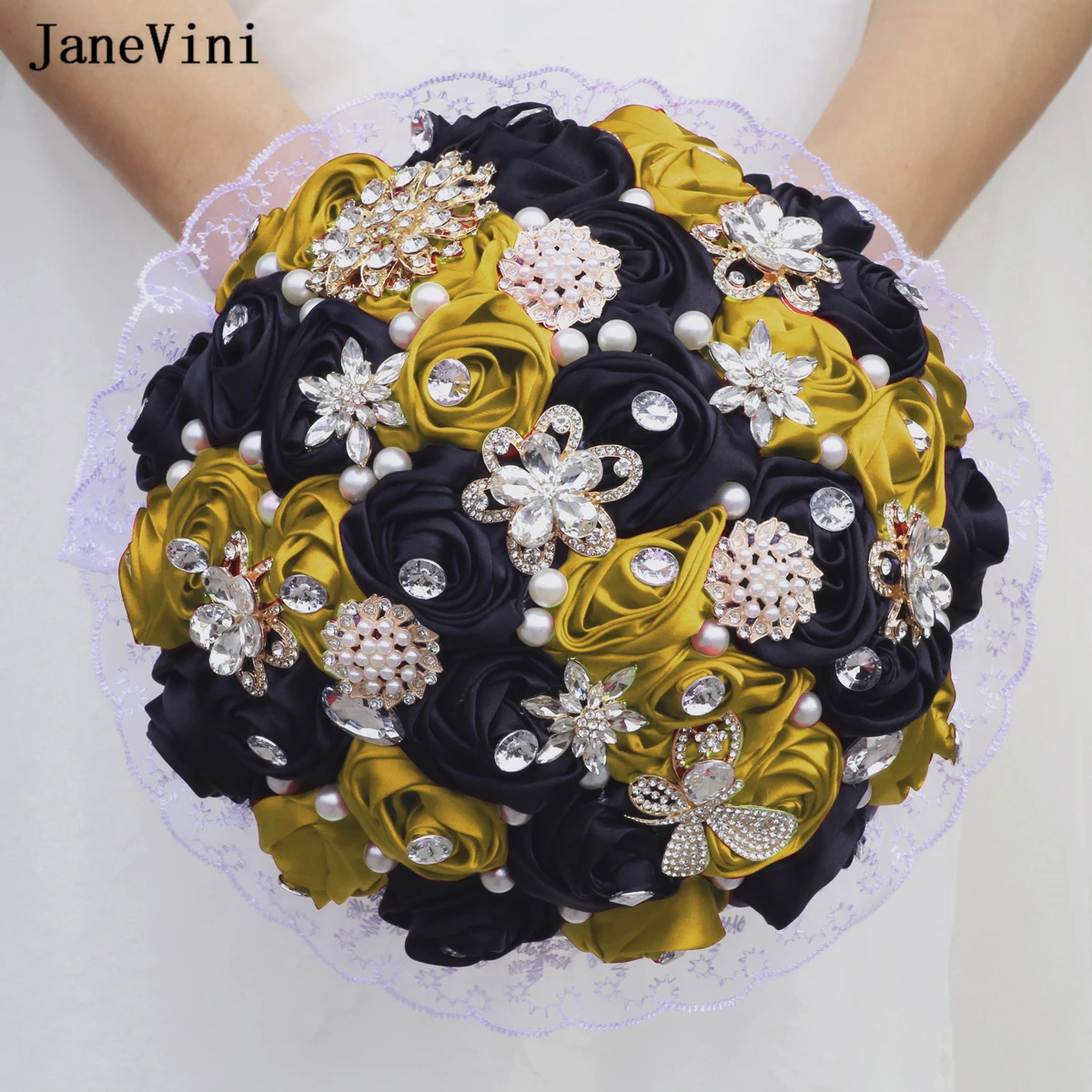 JaneVini-Broche Ivoire Abricot Élégant, Bouquet de Fleurs Poubelles en Satin Artificiel, Bouquets de Patients, Perles de Clip, Décoration de Mariage