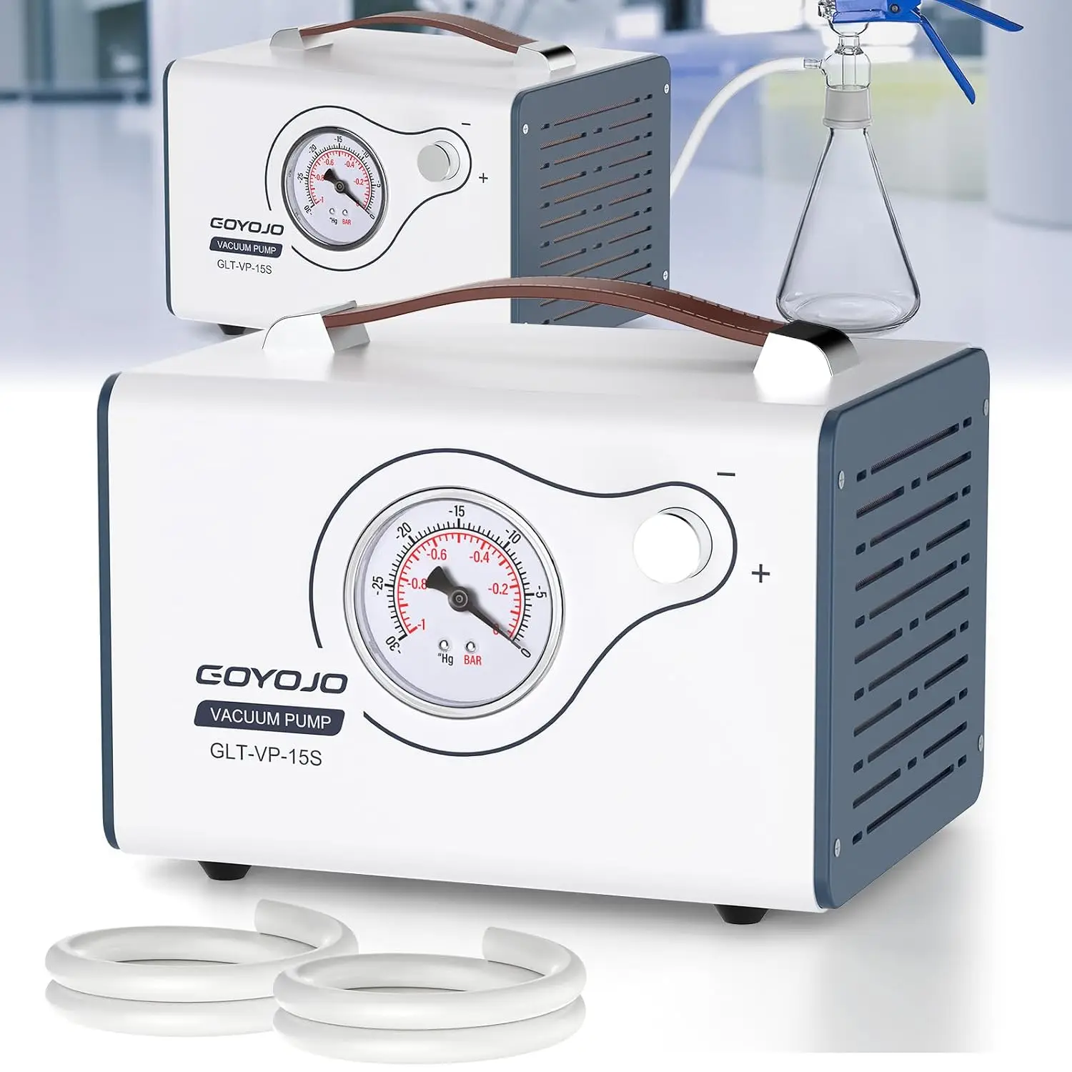 GOYOJO Lab Vacuum Pump, 15L/min Oilless Diaphragm Vacuum Filtration Pump with Adjustable Flow & Dual Pressure, Portable Oil-Free Laboratory Pump with 2 Hoses for Filtration, Distillation & Extraction