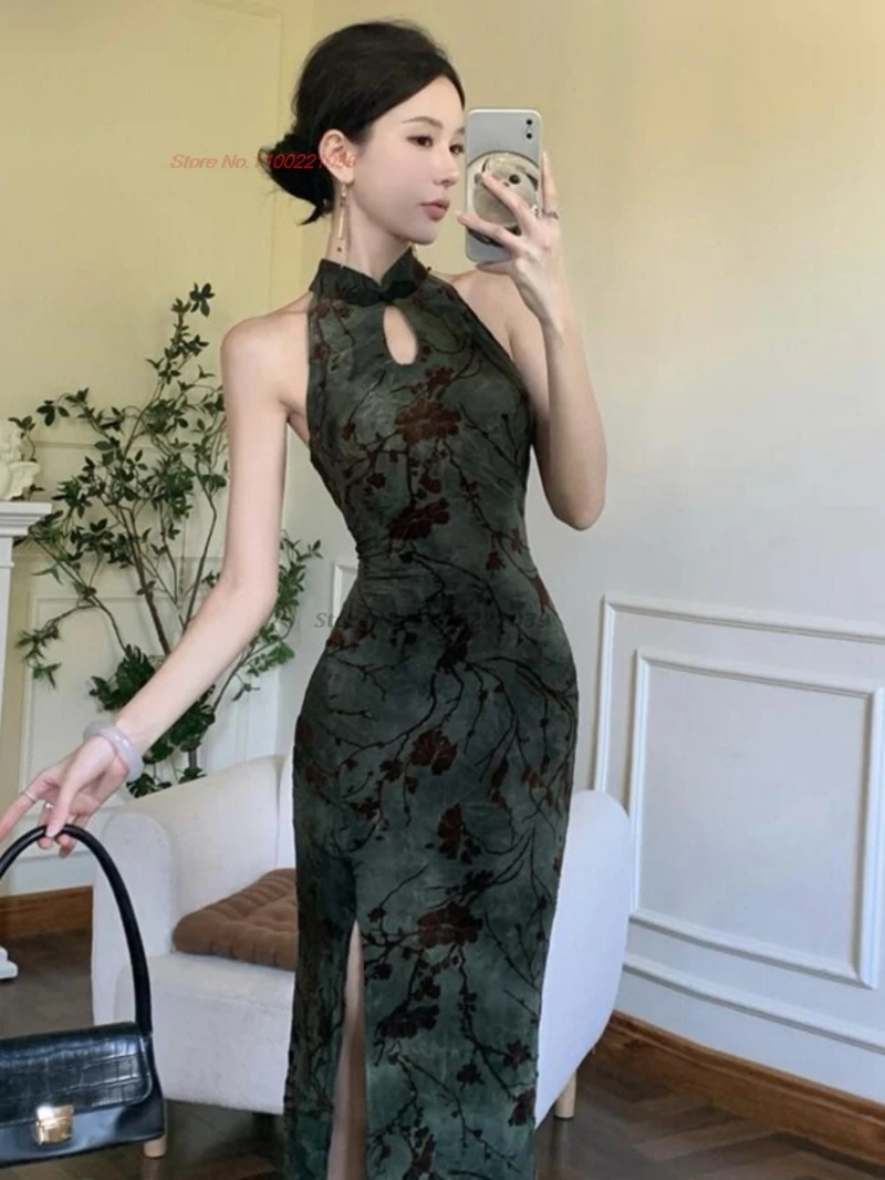 

Китайское сексуальное бархатное Ципао без рукавов 2021, винтажное Ципао с цветочным принтом, традиционное вечернее платье для ночного клуба, банкета, Ципао