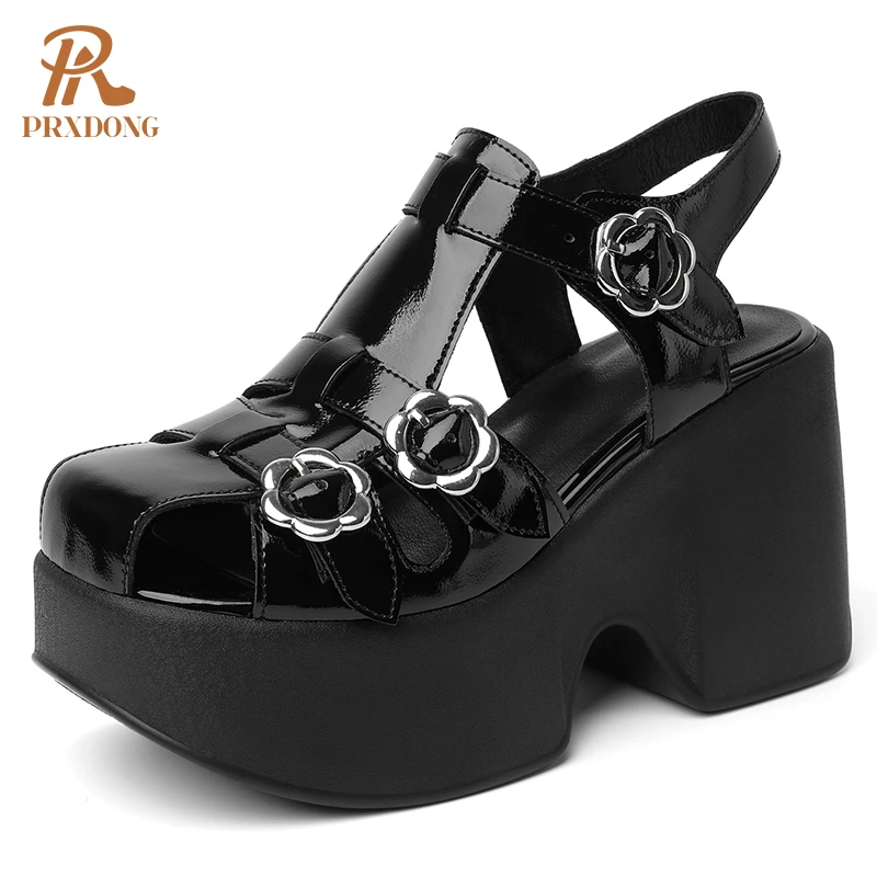 

PRXDONG New Classics Genuine Leather Summer SHoes Woman Pumps Chunky High Heels Platform Black Beige Buckle Dress Party Shoes