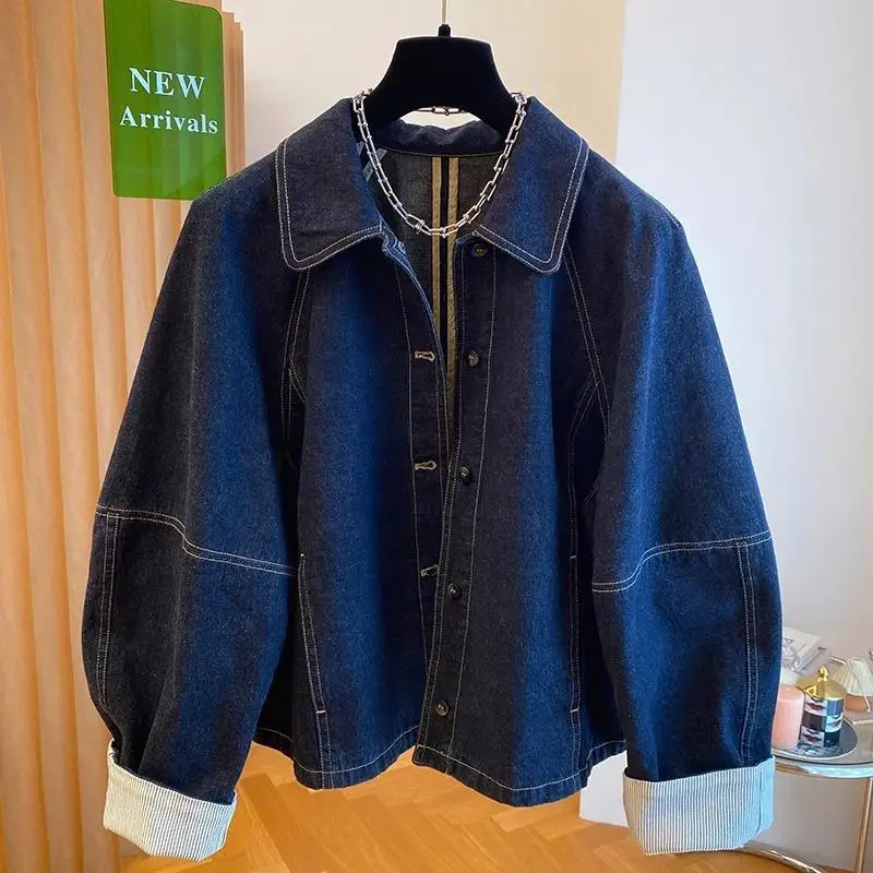 

Women Denim Jackets 2025 New Korean Style Dark Blue Long Sleeve Single Breasted Coats Spring Autumn Vintage Loose Jacket Tops