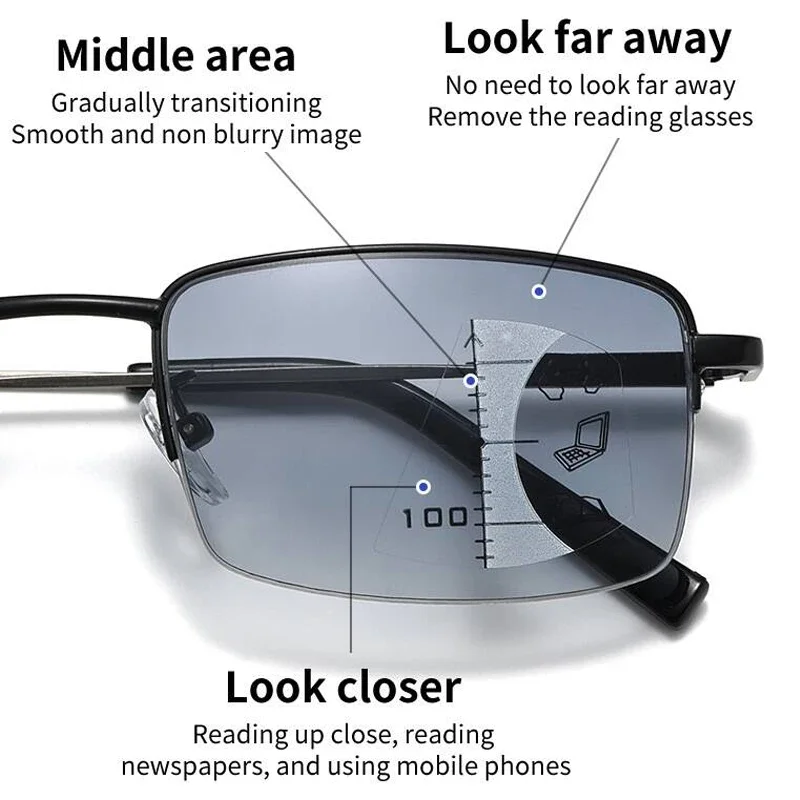 

Photochromic Multifocus Reading Glasses Men Women Progressive Anti-blue Ray Half Rim Presbyopic Eyeglasses 0.75 to 4