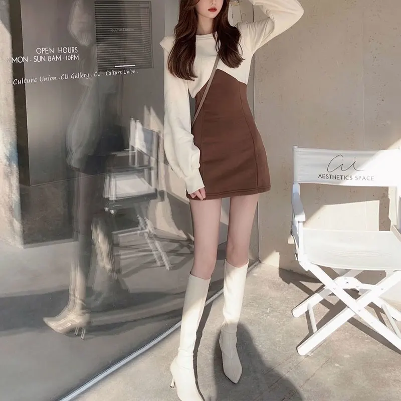 

Casual Patchwork Mini Dress Spring Autumn Stylish Contrasting Colors Women's Clothing Elegant A-Line Basic Long Sleeve Dresses