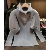 Miyake Pleated Sweatshirt Pit Stripe Zipper Standing Collar Jacket Women 2025 New Casual Pullover Hundred Pleat Skinny Tops - Image 3