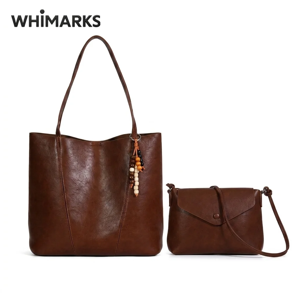 WHIMARKS Women's Handbag Retro Luxury Tote Bag Large-Capacity Commuter Shoulder Bag PU Vintage Leather Crossbody 2Pcs Bag Set