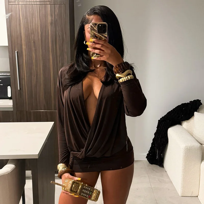 섹시한 V넥 숏 드레스 여성 2025 가을 패션 우아한 피치 힙 풀 슬리브 슬림 미니 바디콘 파티 클럽웨어