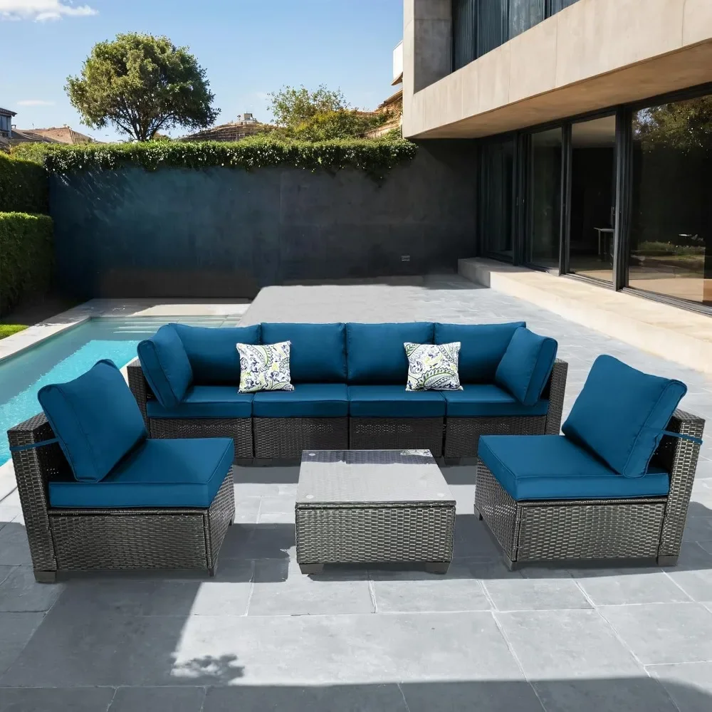 

Sofa All-Weather Wicker Outdoor Conversation Set with Sectional Sofa, Rattan PE Wicker Seating, Glass Coffee Table, and Cushions