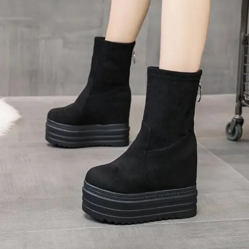 2026 Designer Winter Women Wedges Ankle Boots High Top Booties Platform Thick 12cm High Heel Shoes Black Casual Boot Botas Mujer