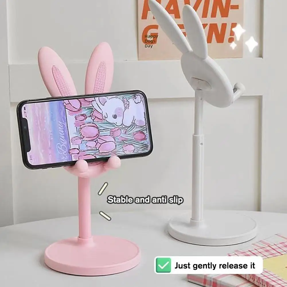 Pink Phone Holder Desktop Cell Phone Stand For iPhone 13 14 Smartphone Adjustable Lovely Rabbit Cartoon Table Support