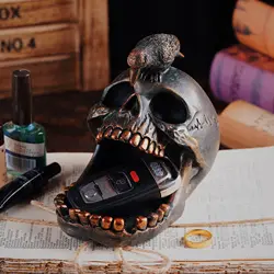 Creative Black Skull Crow Resin Statue Ashtray Desk Storage Key Holder Home Office Decor Toy Birthday Gift Halloween Decoration