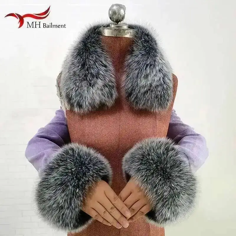 2023 Nuova Pelliccia di Volpe Colletti Quadrati Polsini di Pelliccia Reale Set Donne di Inverno di Spessore Caldo Sciarpe di Moda Polsino Partita