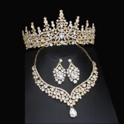 Luxury Crystal Wedding Bridal Jewelry Sets Women/Girl Gold Color Tiara/Crown Earrings Choker Necklace Bride Jewelry Set