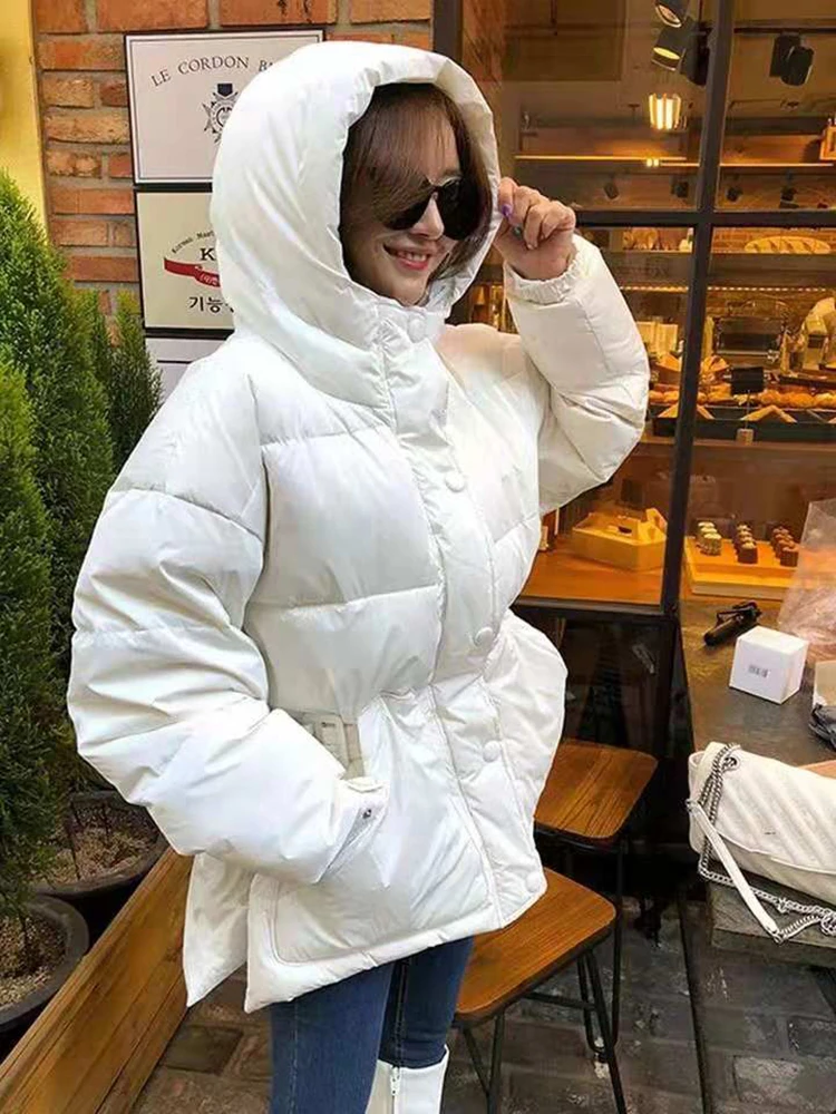 Pink Down Jacket For Women Korean Loose And Fashionable Waist Cinched White Duck Down Winter Jacket Hooded Coat Trendy