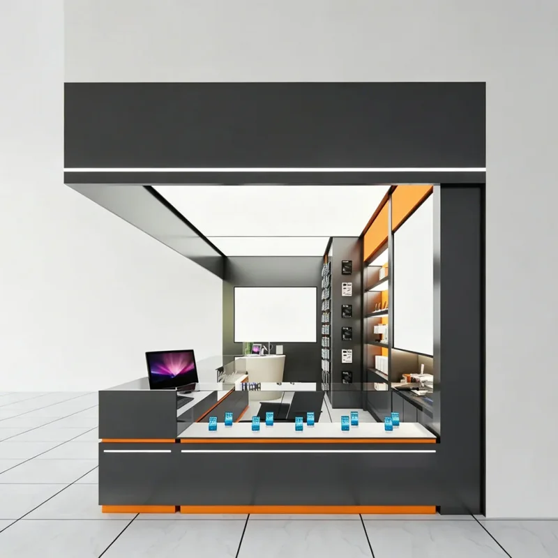 custom.Custom Black & Orange Corner Tech Fixture | With Integrated Shelving, Service Counter & LED Accents