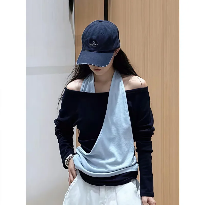 

Стильная женская футболка контрастного цвета из двух частей с бретелькой на шее для женщин ранней осени, свободный универсальный топ с открытыми плечами