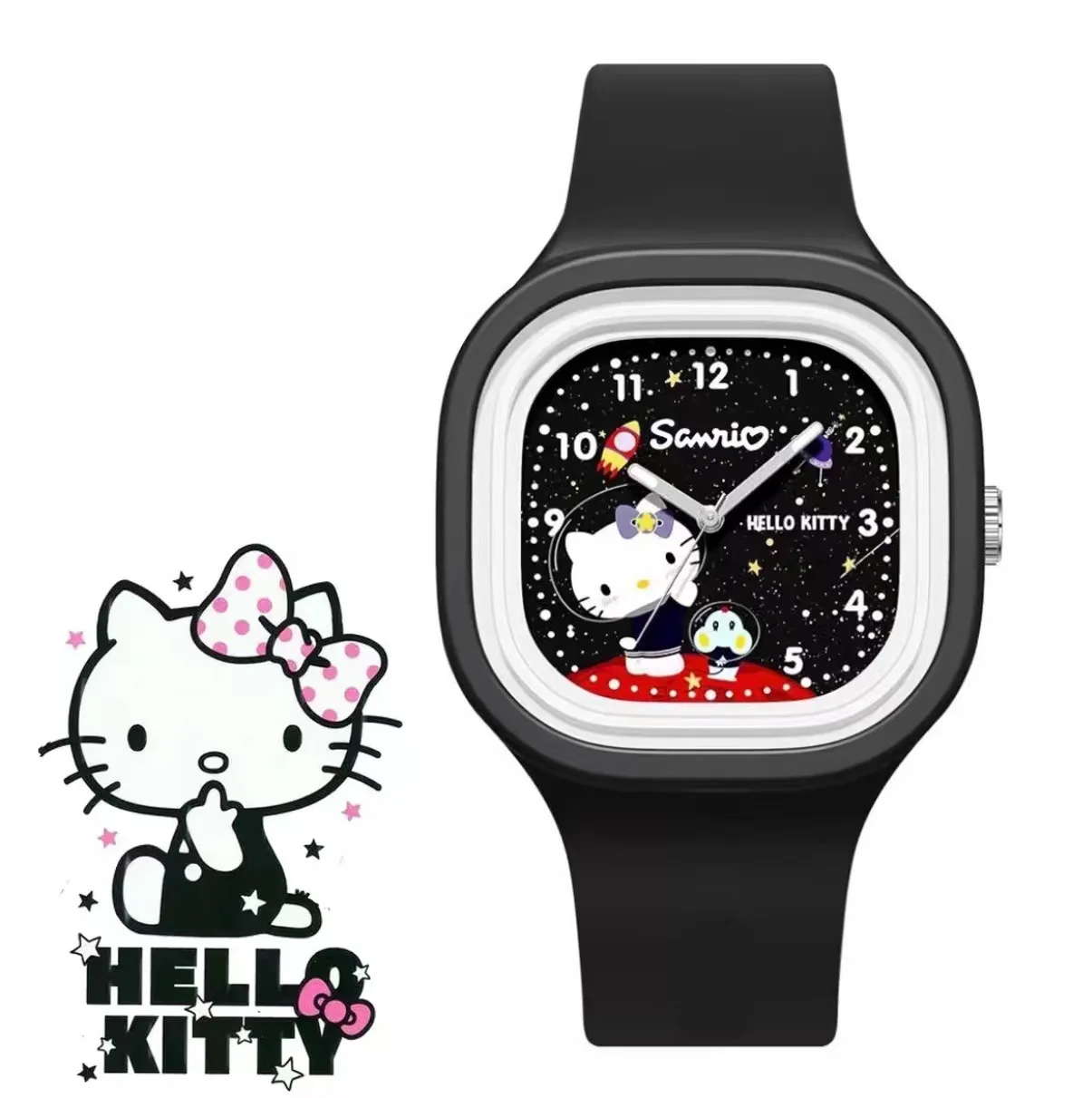 New Sanrio Cute Cartoon Watch Black Rice Hello Kitty Cinnamon Silicone Strap Quartz Children\'s Watch Girl Birthday Gift