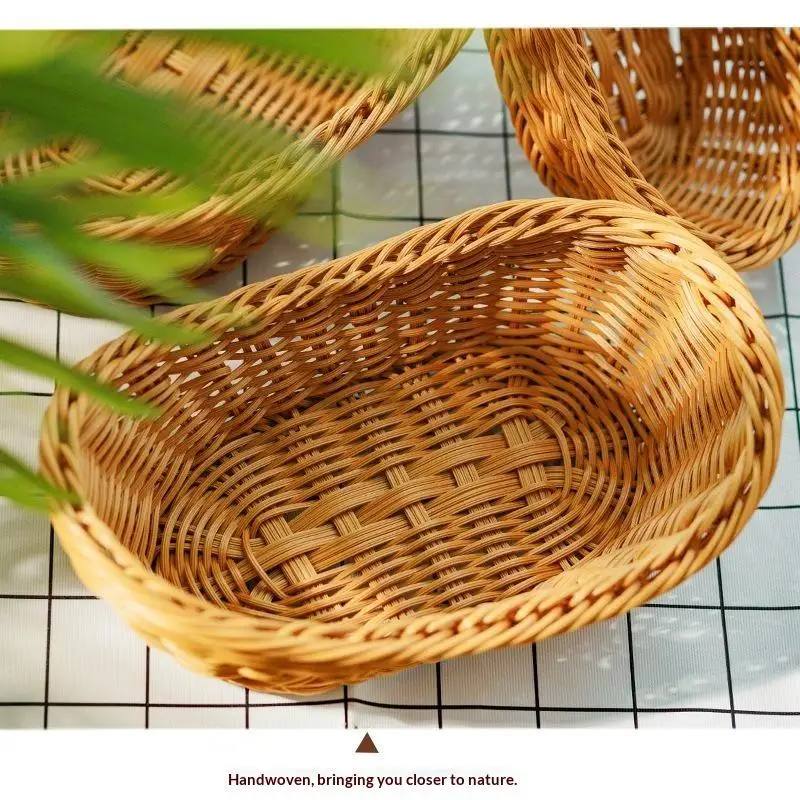 Handwoven Plastic Rattan Basket Heat Resistant Durable Food Holder for Kitchen Bread Fruits Snacks Countertop