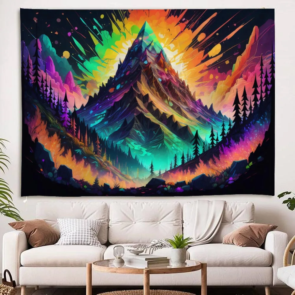 Tapisserie murale Bohème Brume Coucher de Soleil Forêt, Tissu psychédélique à paysage naturel pour tête de lit, pour décoration de chambre