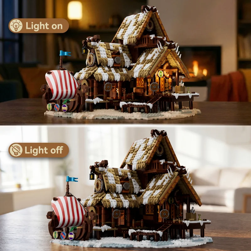 1694PCS Icehorn Longhouse Building Blocks Medieval Viking Cabin House Model With Ship DIY MOC Street View Architecture Bricks Kit For Christmas Birthday Gifts - view 6