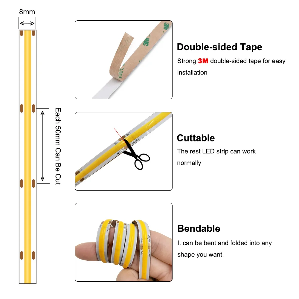 Tira de luces LED COB de 12V y 24V, cinta adhesiva regulable de 3mm, 5mm, 8mm y 10mm, PCB, rojo, azul, verde, blanco cálido
