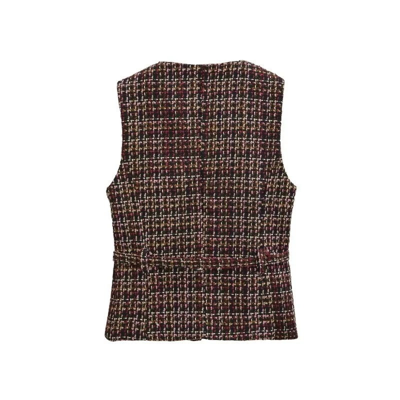 Elegant Plaid Tweed Sleeveless Vest for Women, Crew Neck Button Down Waistcoat with Metal Buttons, Spring Casual Outerwear