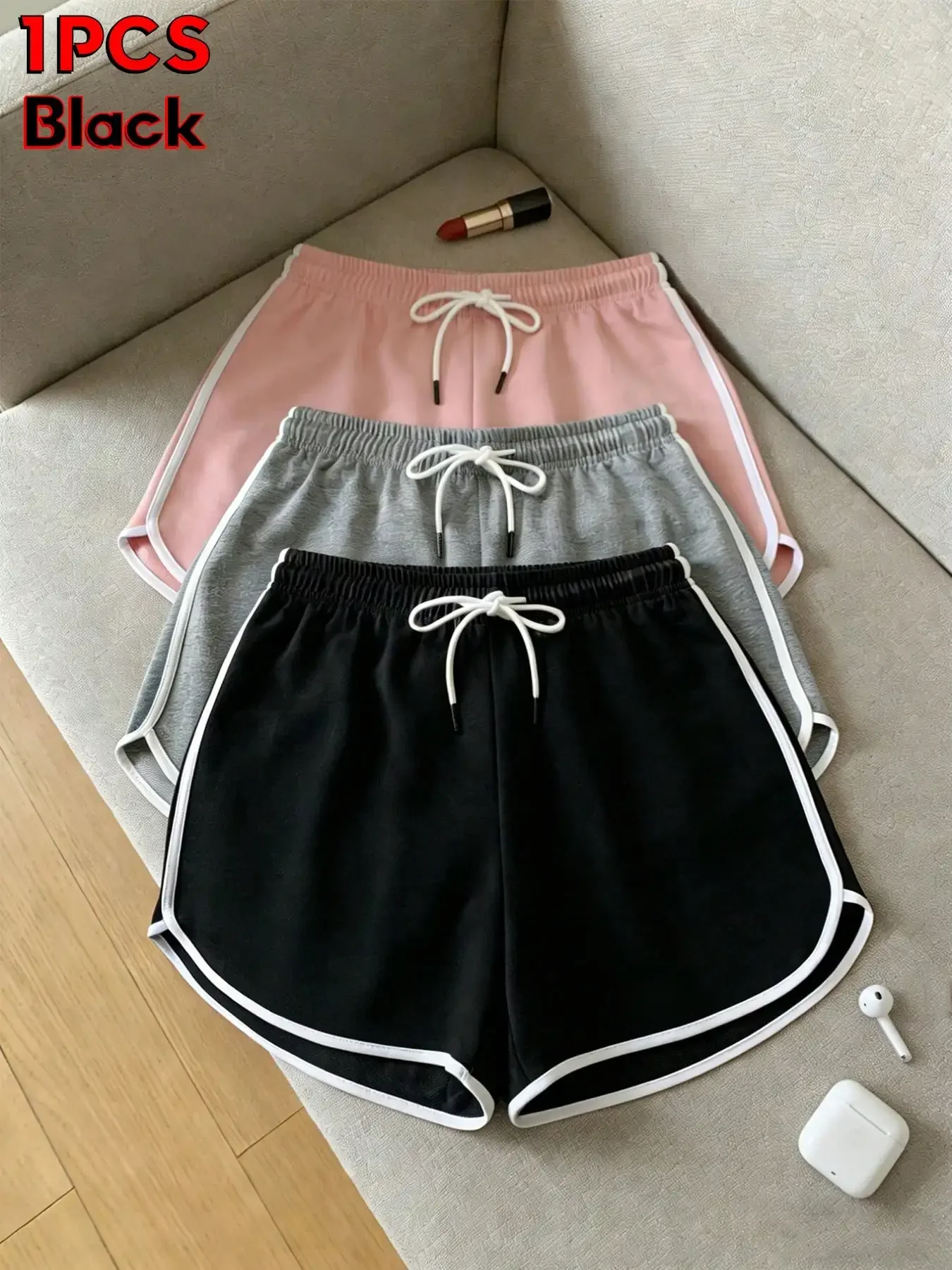 

2026 Women's Summer Casual Sports Shorts, Black Base With White Trim, Elastic Drawstring Waist, Comfortable Breathable Outdoor Fitness Shorts