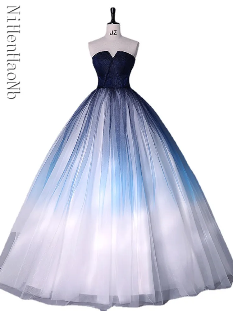 

Dream Starry Sky Gradient Blue Wedding Dresses for Women Strapless Elegant Party Dress 2023 Summer Lace Up Vestidos