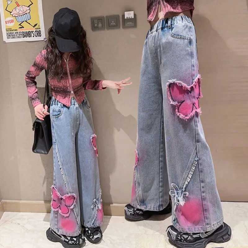 2025 Big Hot Deals Girls Fashion Spray-Painting Butterfly Denim Wide Leg Pants High Waist Korea Style Long Jeans Teens Trousers