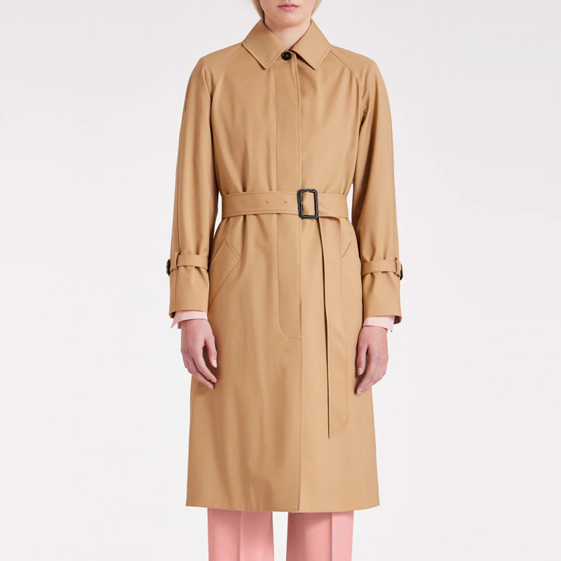 Khaki Casual Women's Trench Coat – Single-Breasted Long Custom Cotton-Polyester Windproof Design