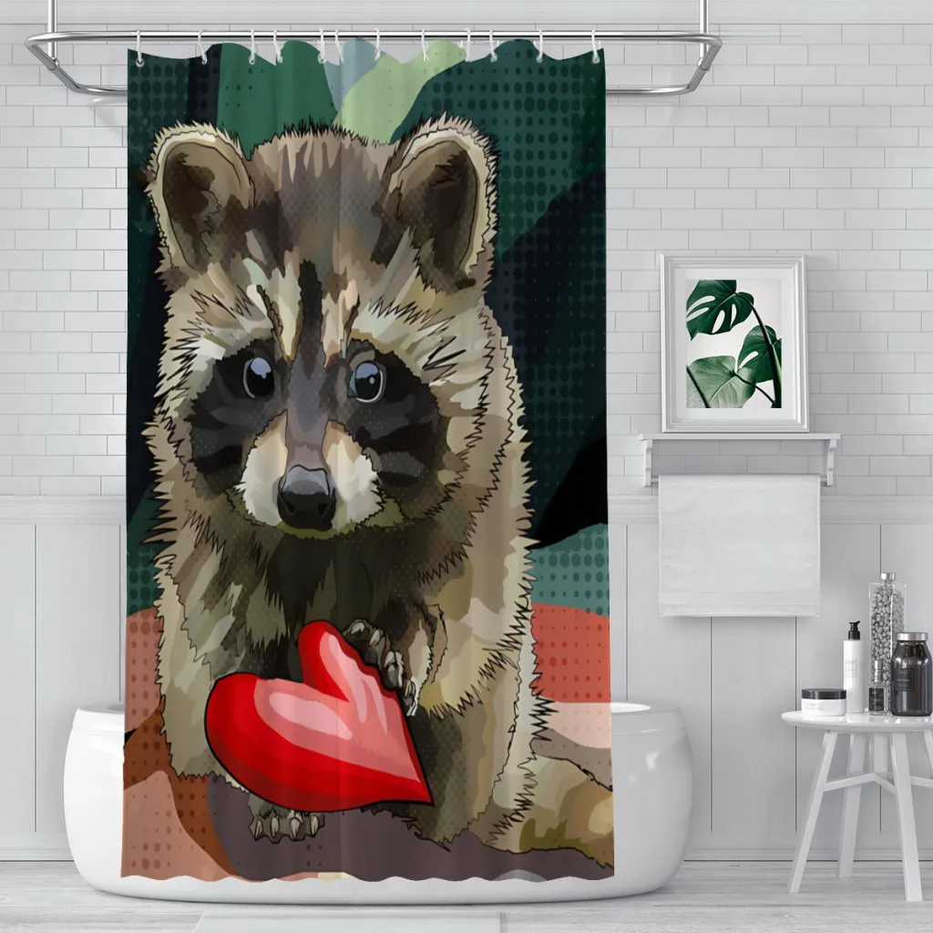 Romantic Heart Bathroom Shower Curtains Raccoon Waterproof Partition Creative Home Decor Bathroom Accessories