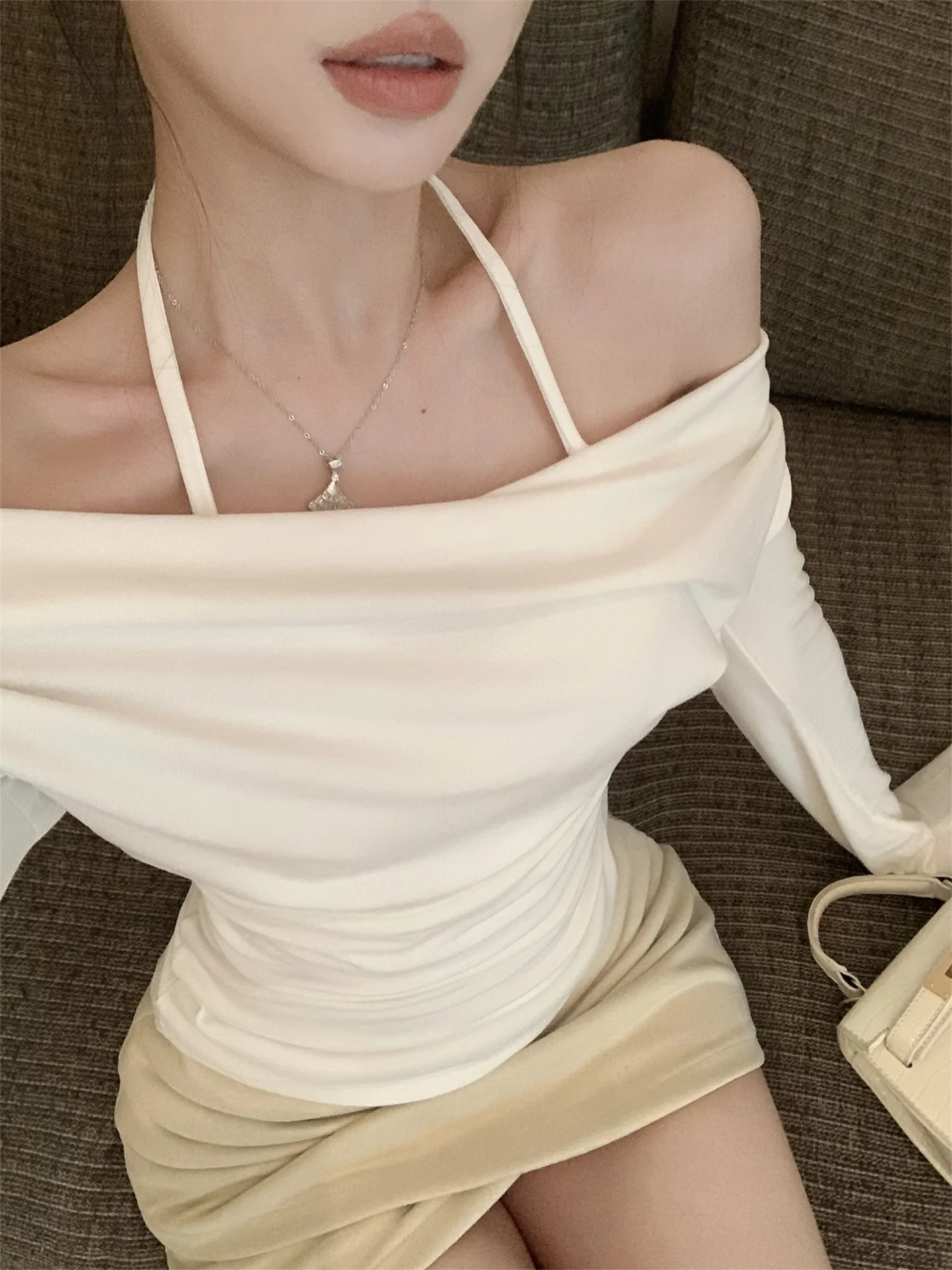 Women's Long Sleeve T-Shirt Neck Hanging Design Slim Fit Waist Control Pure Desire Style Base Top Korean Style Commute Wind