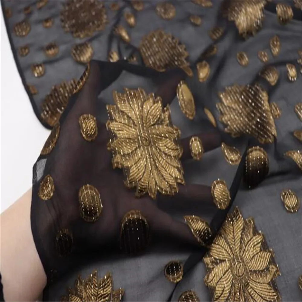 Clear Floral Black Gold Flower Shiny Soft Silk Lurex Metallic Fabric with Jacquard for Lady Fashion Party Dress