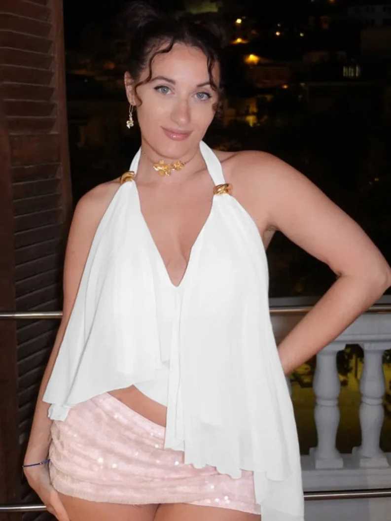 Chiffon Halter V Neck Ruffles Backless Slim Fit Crop Tank Top for Women Splice Style Loose Fit Three Acetate Fiber Pure Color