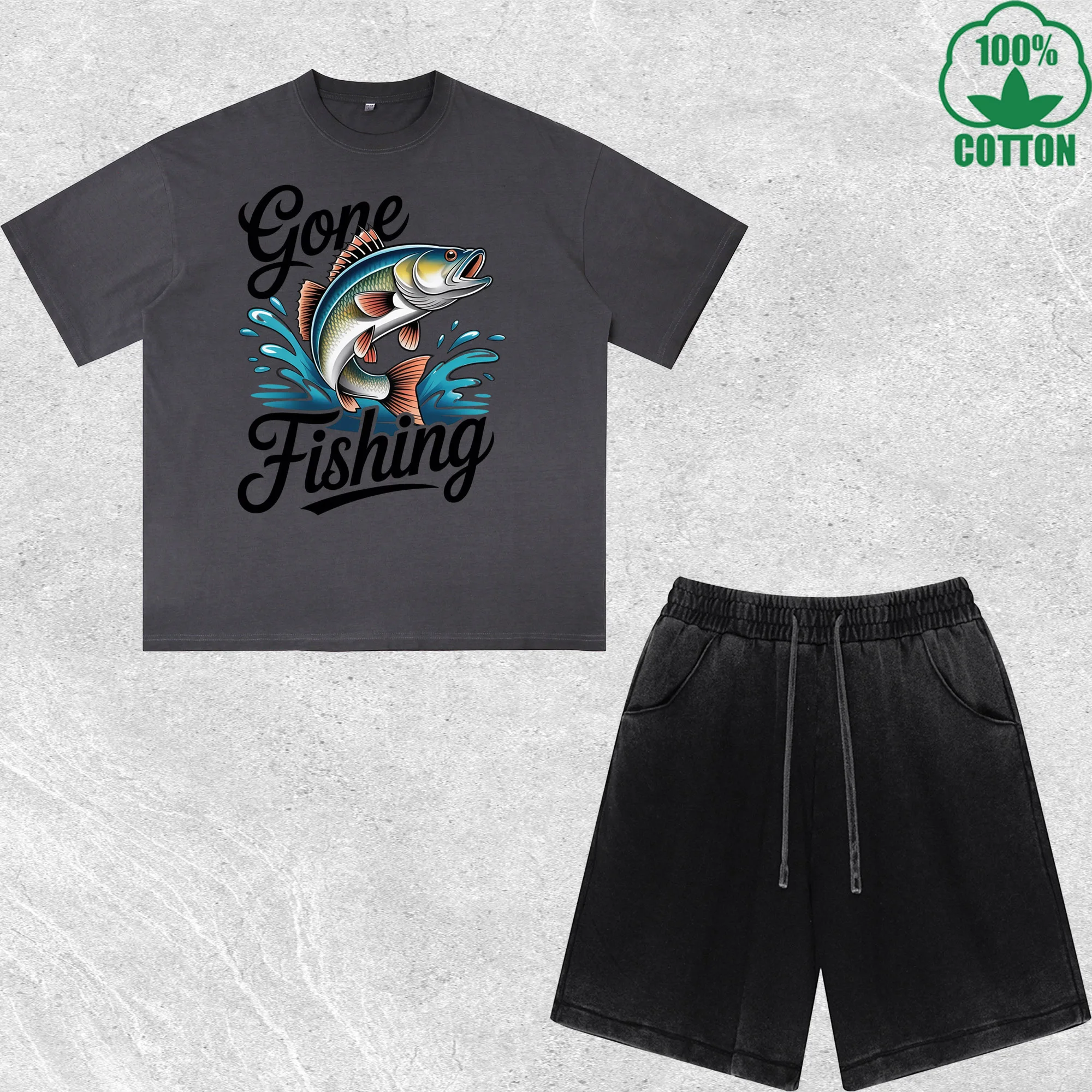 

Gone Fishing Printed Dirty Wash T-Shirt Shorts Set Multicolor Combo Loose Trendy Fashionable 100%Cotton