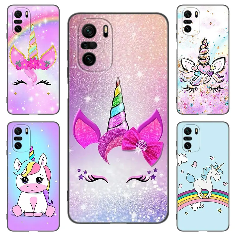 Cute Rainbow Unicorn Black Silicone Phone Case For Xiaomi POCO X3 X4 NFC F2 F5 M3 M4 M6 X3 X4 X5 Pro 5G F3 GT C65 F4 M5 X2