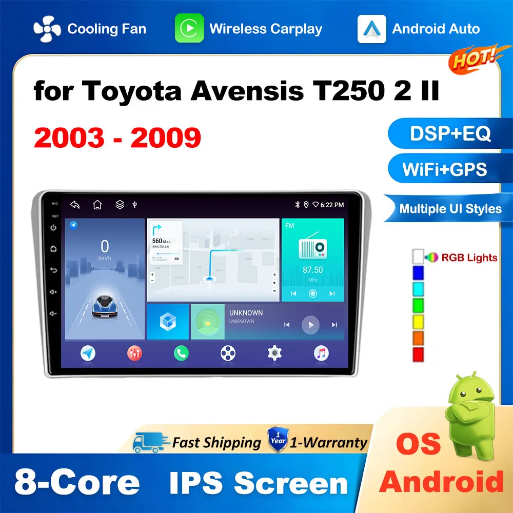 

Wireless Carplay Android Auto for Toyota Avensis T250 2 II 2003 2004 2005 2006 - 2009 DSP Stereo Accessories 2.5D+IPS Screen BT