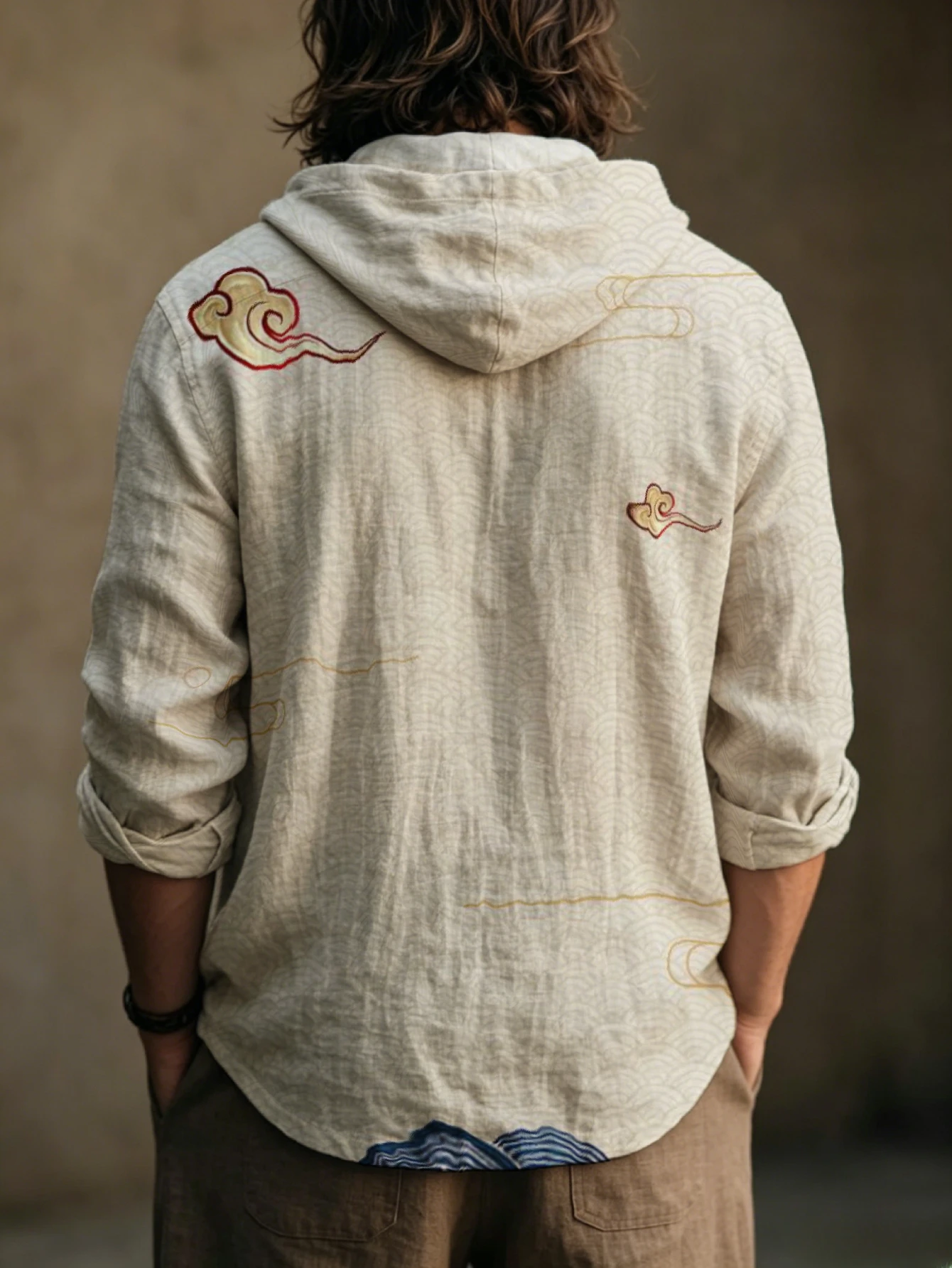 Men Traditional Chinese Auspicious Cloud Wave Print Hooded Henley Shirt Long Sleeve Half Button Casual Loose Tops