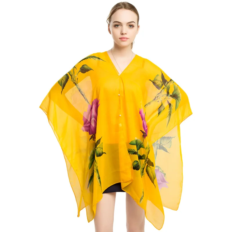 2022 Summer Poncho Capes Cycling Sunshade Shawl Women Silk Scarf New Chiffon Printing Sunscreen Lady Shawl Cloak Yellow