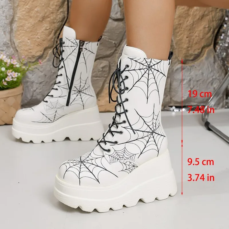 New 2026 Autumn/Winter Luxury Women Boots Comfortable Slope Heel Thick Bottom Spider Web European and American Large Short Boots view 5