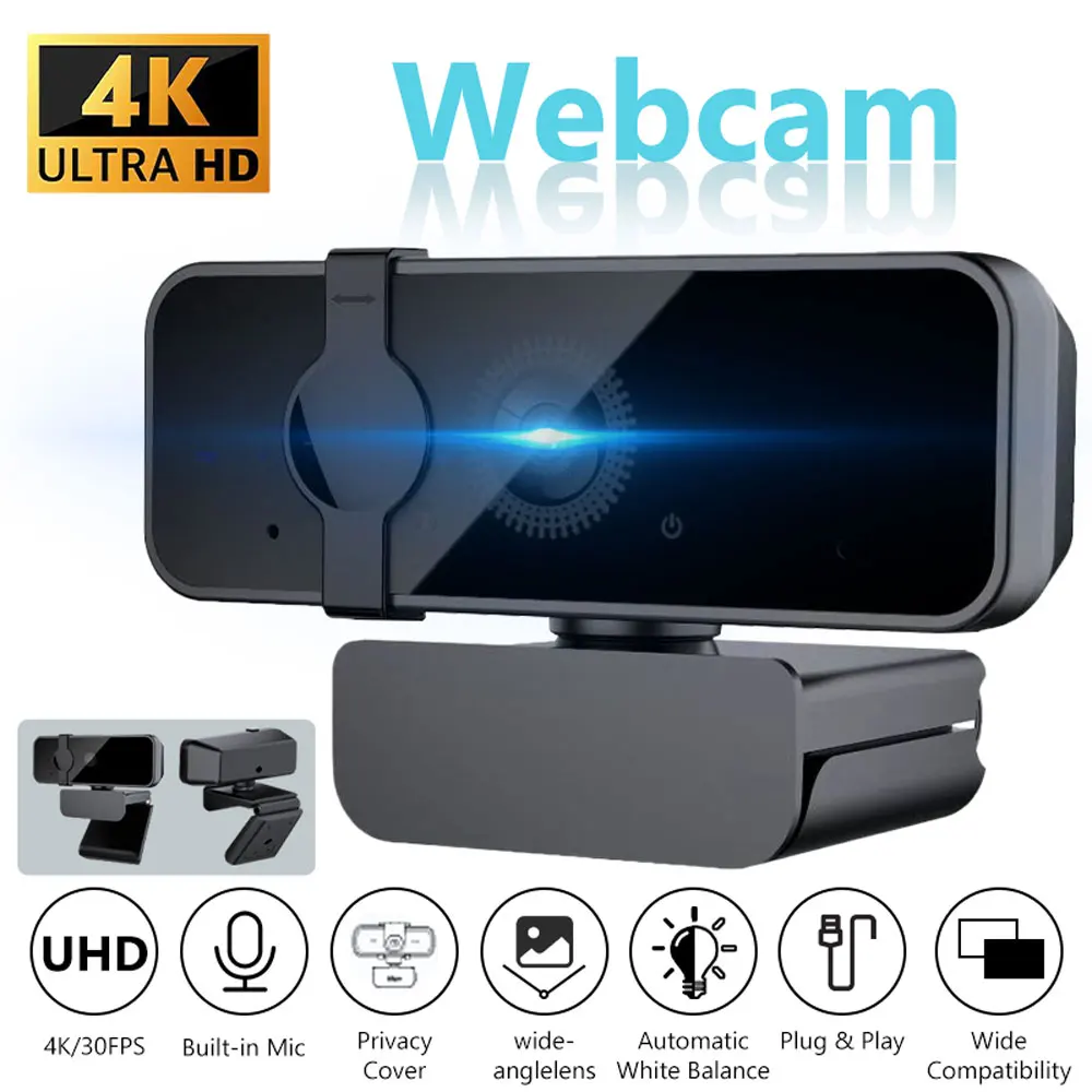 4k Webcam for PC with Microphone, Computer Camera with Noise Cancellation, Privacy Cover, 90° FOV, Plug & Play USB Webcam