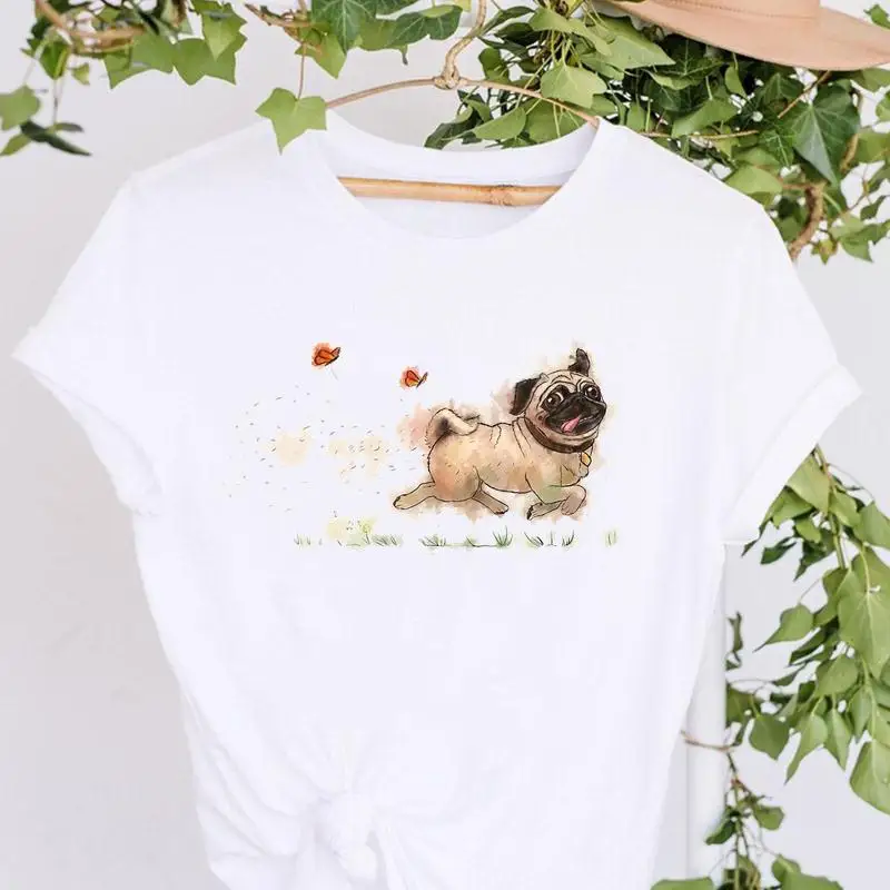 

T-shirts 90s Cartoon Pug Funny Happy Time Lovely Women Print Vacation Fashion Graphic Tshirt O-neck Top Lady Casual Wear Tee