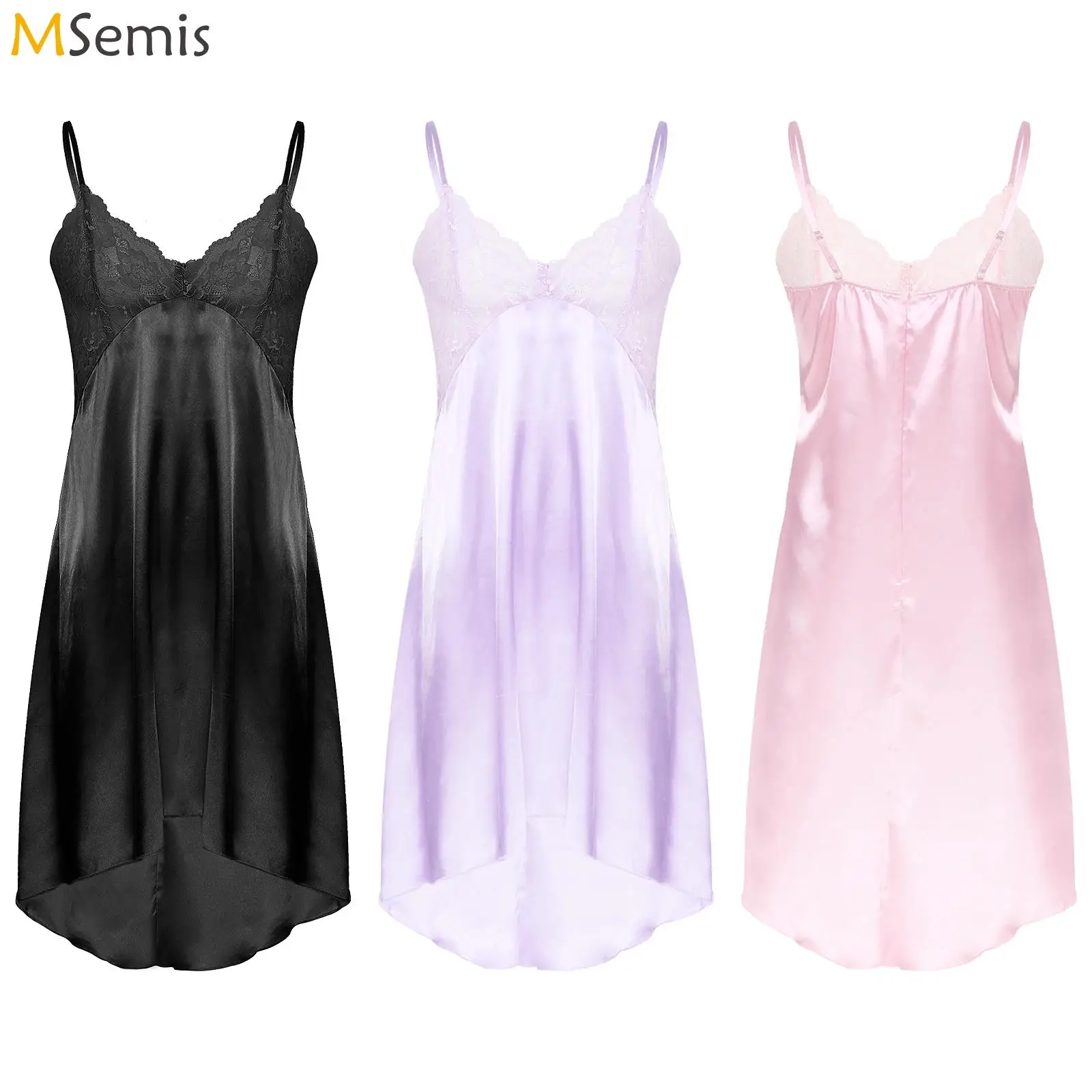 Mens Sissy Babydoll Pajamas Frilly Lace Patchwork Satin Spaghetti Straps Nightdress Chemise Dress Crossdressing Maid Sleepwear